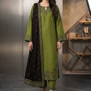 Women Linen Embroidered 3Pc Suit Green