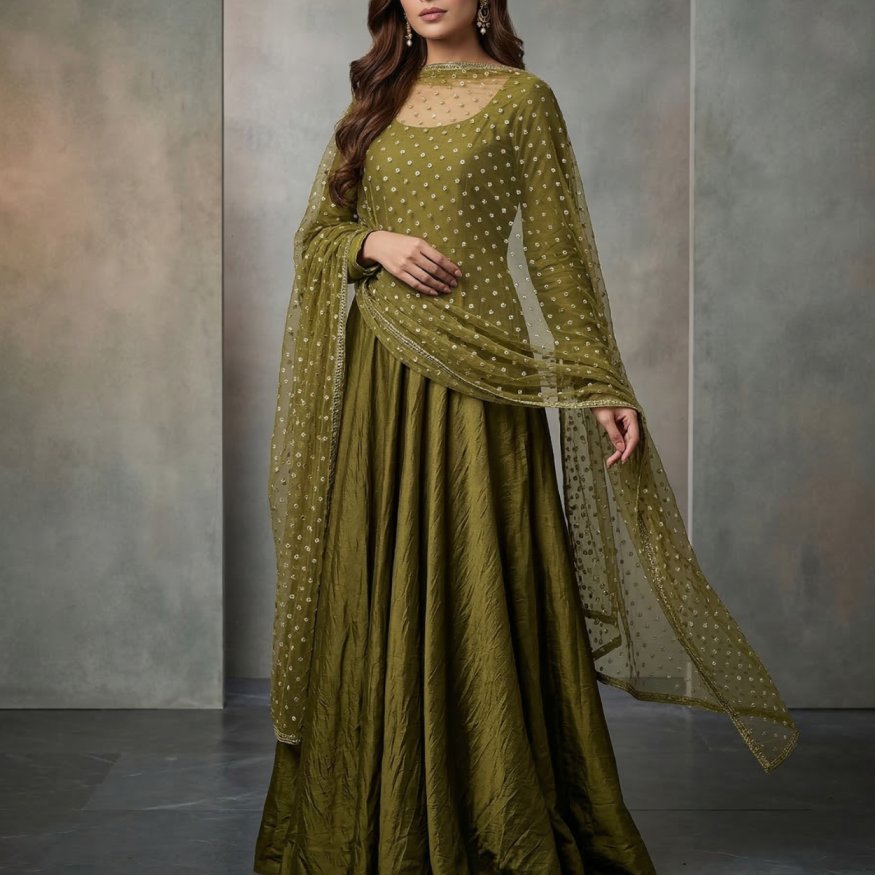 Green Silk Embroidered 3-Piece Maxi Suit