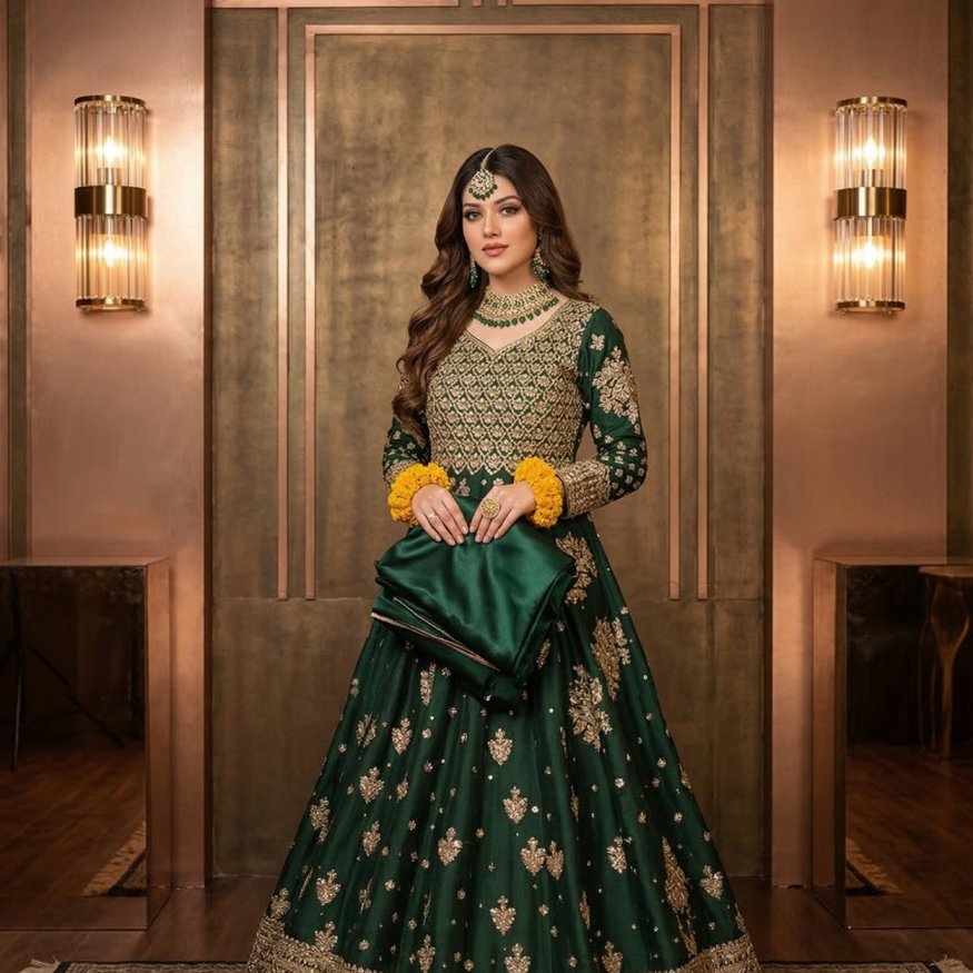Green Chiffon Embroidered 3Pc Frock Set Party Wear