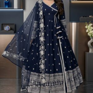 Blue Embroidered Angrakha Maxi Suit 3 Pcs Set