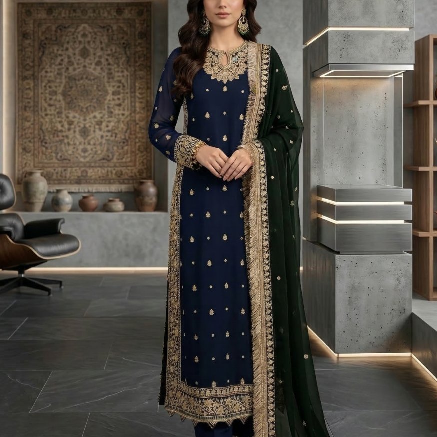 3 Pcs Women’s Stitched Crinkle Chiffon Embroidered Suit