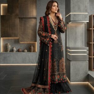 Black Embroidered 3-Piece Linen Suit for Women